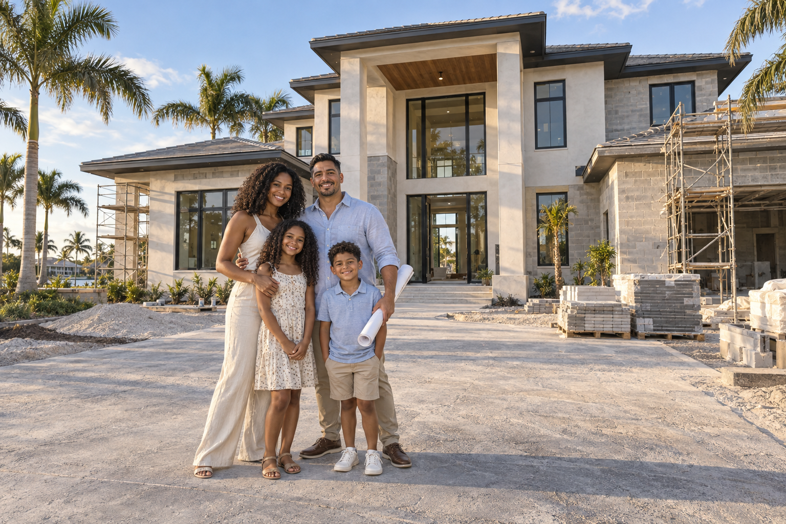 A family with plans in front of a home under construction